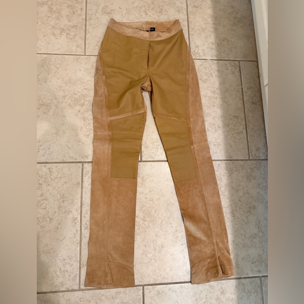 Vintage dkny leather suede beige tan moto straight pants